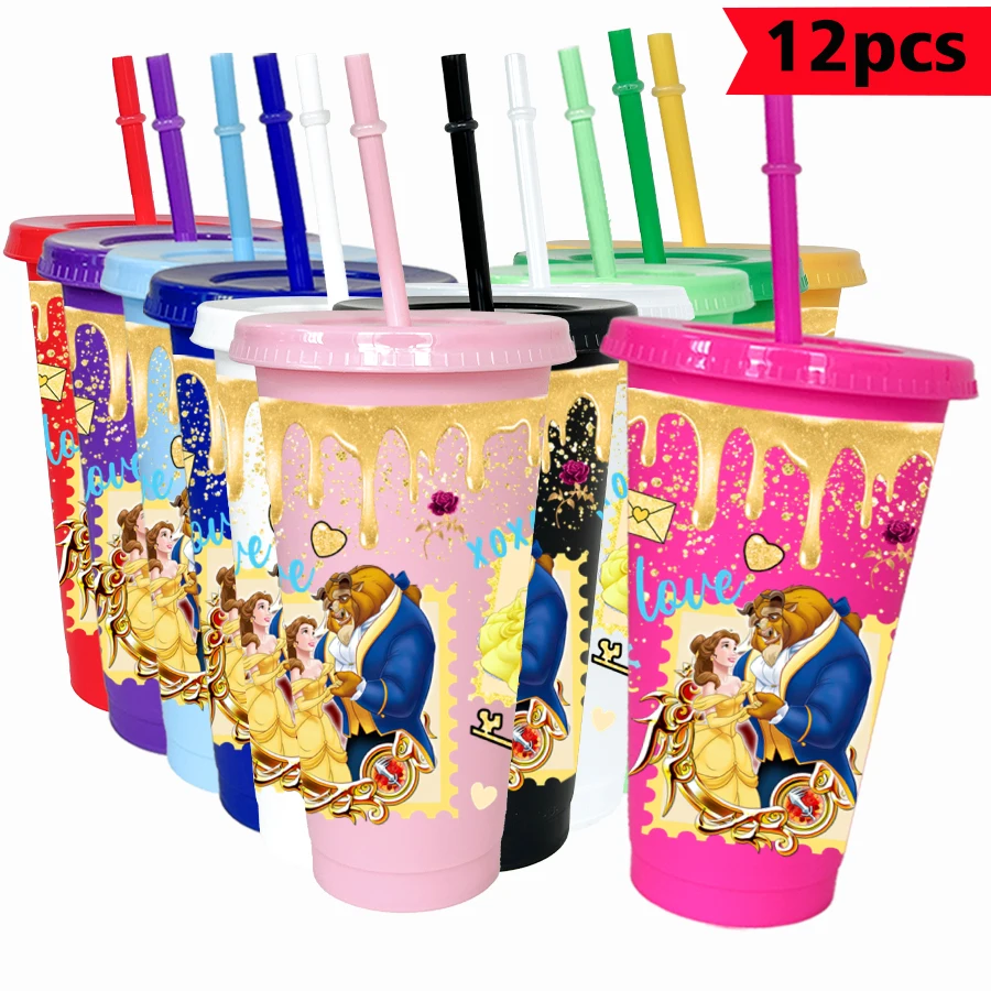 

12pcs/pack Disney Beautiful Woman Beast 26oz Colored Plastic Birthday Party Drinking Utensils Juice Coffee Cup