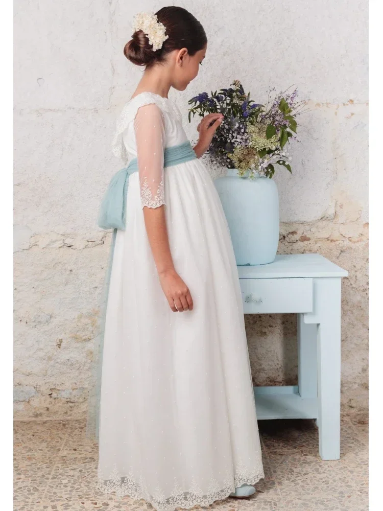 فساتين فتاة الزهور مزينة بالدانتيل الأبيض مع شريط فيونكة نصف كم لحفلات الزفاف وأعياد الميلاد وحفلات الأميرة