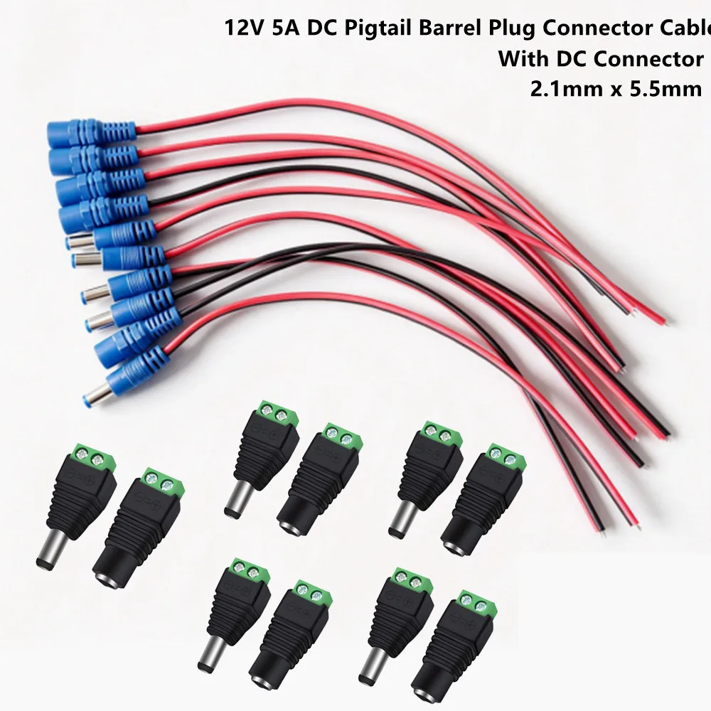 12V 5A DC Pigtail Barrel Plug Connector Cable With DC Connectors, 2.1mm x 5.5mm Male An Female DC Power Pigtail Connectors