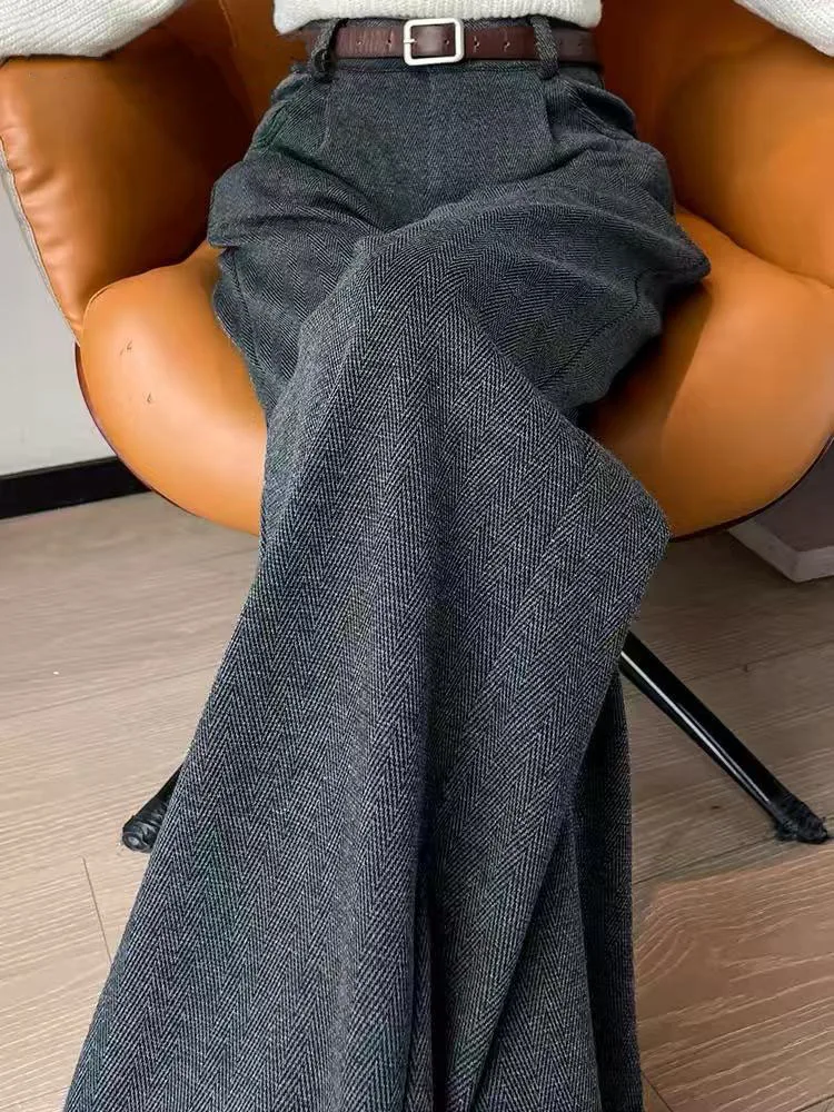 Graue Kunstwoll-Anzughose für Damen Koreanischer Stil Hochgeschnittene Weite Hose Y2K Harajuku Büro-Lady Allround Gerade Hose