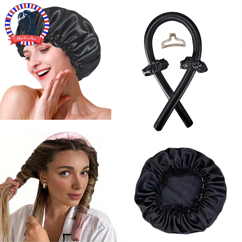 2pcs Heat Free Hair Curler Satin Silk Sleeping Cap Set Headwrap for Natural Curly Hair Long Hair Care Wave Sleeping Curling Tool