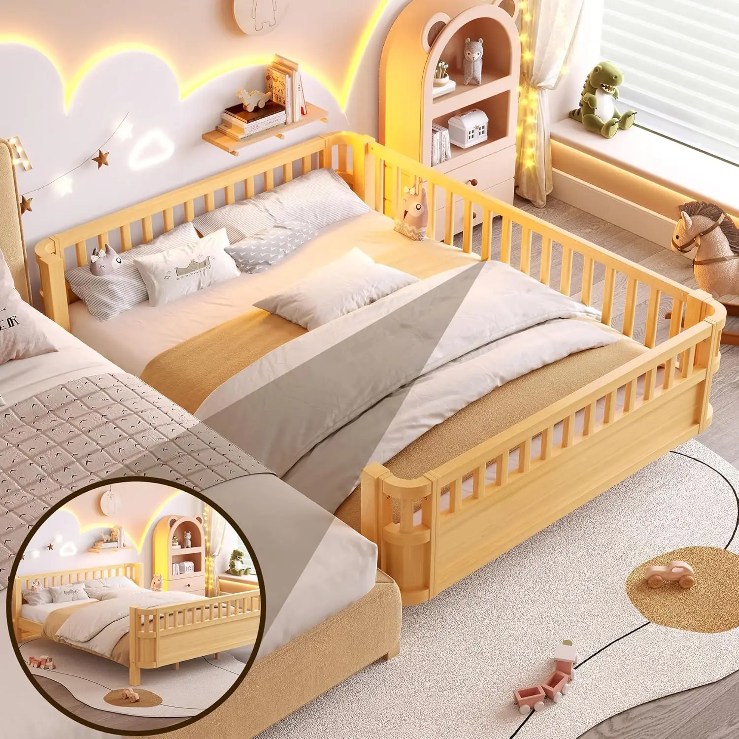 Wood Montessori Queen Bed with Detachable Fences, Kids Daybed Frame, Low Profile & Rounded Corners, Natural
