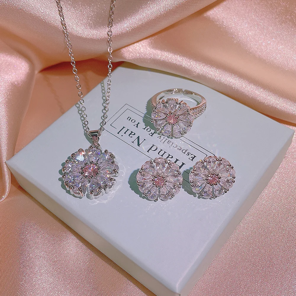 2022 NEW  S925 Sterling Silver Wedding Jewelry Sets Vintage Sunflower Topaz Pink Quartz Necklace Ring Earrings Gift for Women