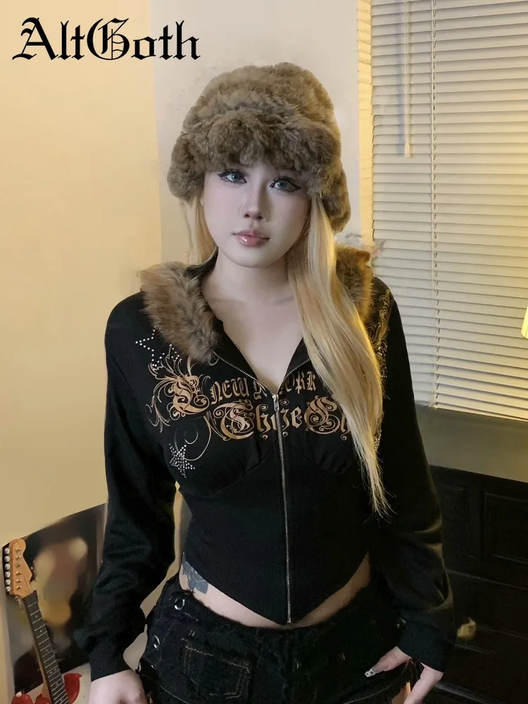 AltGoth Streetwear Y2k Vintage Sweatshirt Women Cyber Punk Print Fur Patchwork Hoodies Dark Academia Gothic Indie Clothes Female