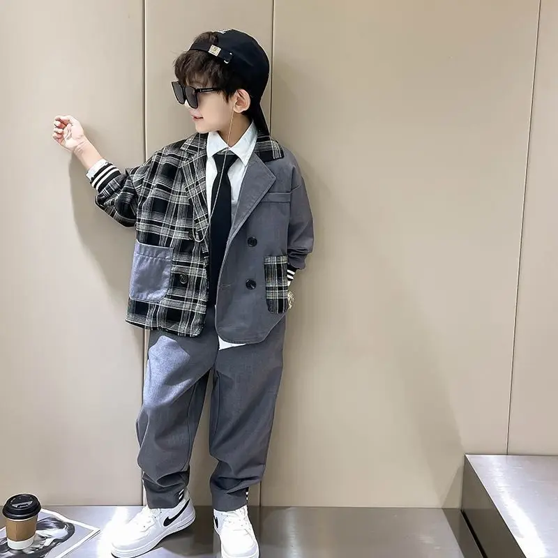 

Korean Version Stylish Handsome Lively Cute Kids Children's Clothing Suit Boys Autumn Winter Fashionable Suit with Long Sleeves