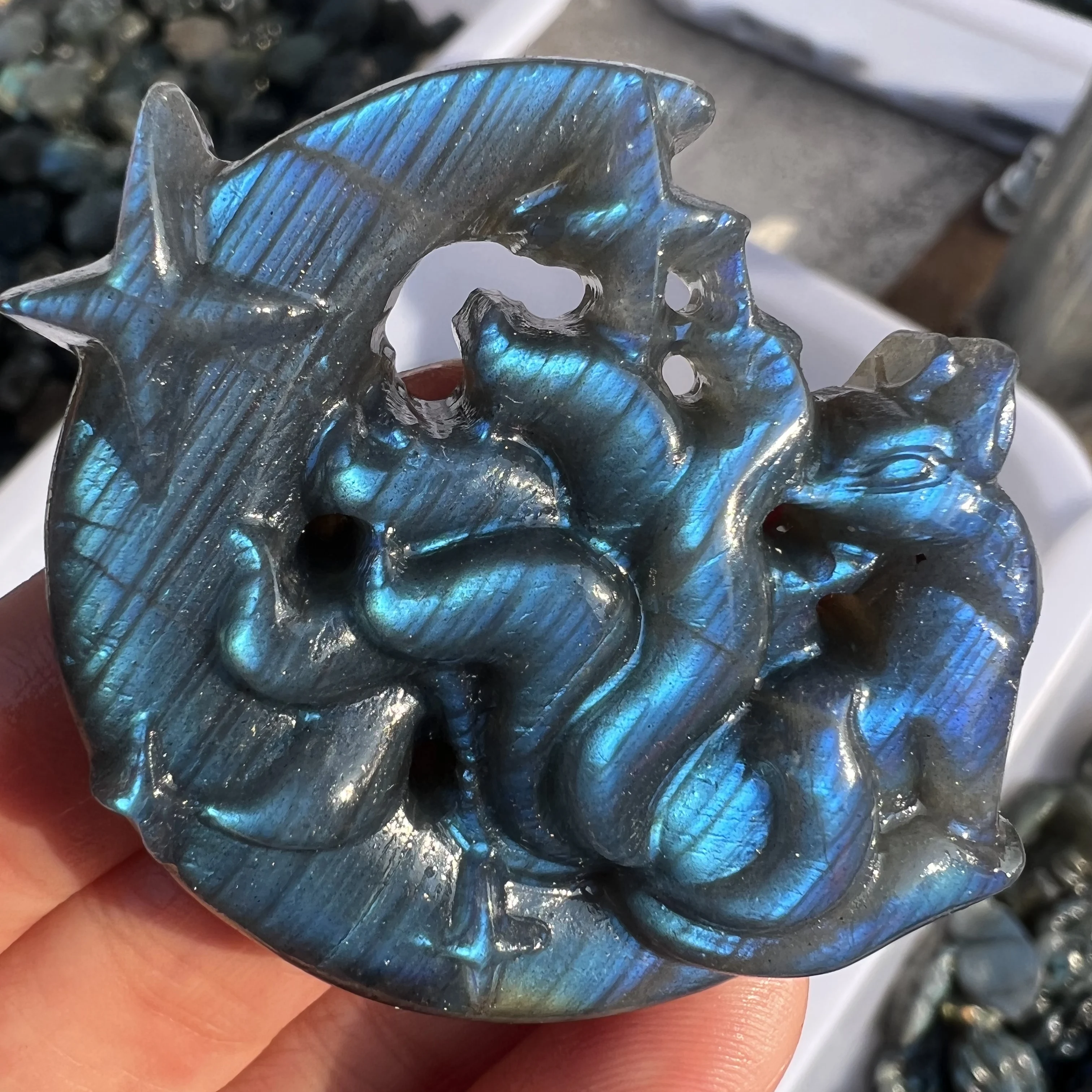 Hand-Carved Labradorite Fox Animal Statue , Desk Ornament, Mineral Home Accent