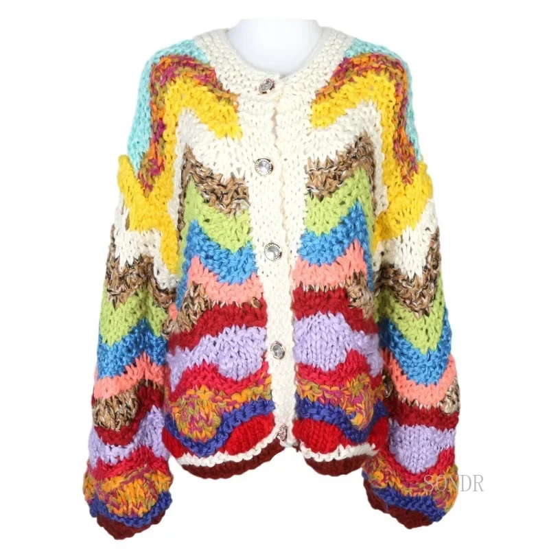 Women's Rainbow Striped Wool Knitted Cardigan, Round Neck Sweater, Lazy Oaf Coat, Winter Jacket, Autumn Coat