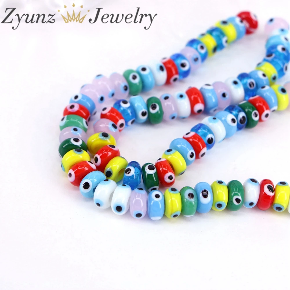 3 Strands,10mm Mixed color Evil Eye Flat Round beads, Assorted color evil eye beads, Lampwork beads, bracelet bead, Turkish Eye