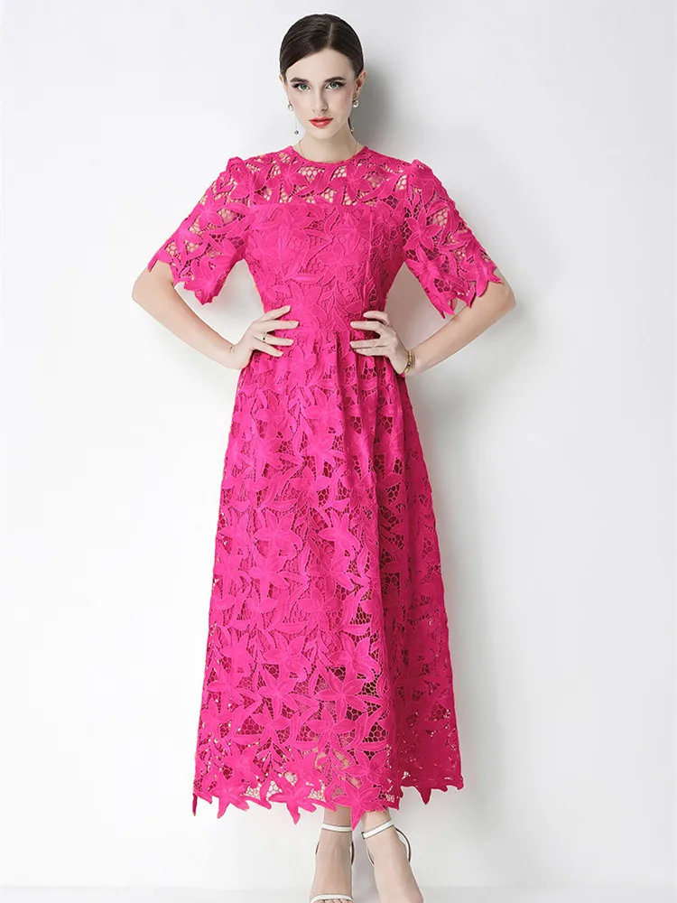 Summer Designer Fashion Lace Hollow out Long Maxi Dress Women Short Sleeve Flower Embroidery Solid Lace Party Robes
