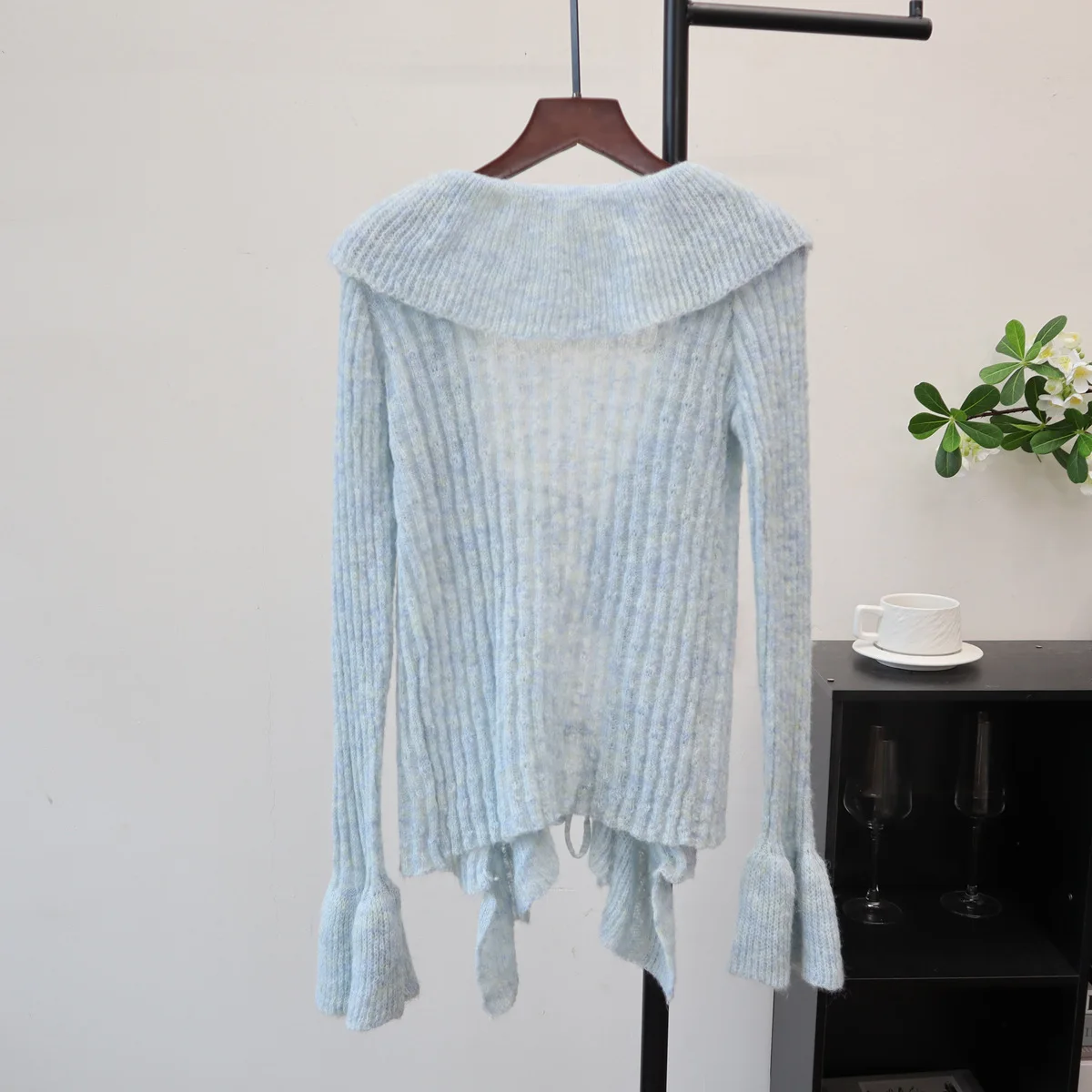 Knitted Cardigan Sweaters Women Solid Jumpers Lace Up Ruffled Turn Down Collar Flare Sleeves Loose Fit Thin Casual 2025 Autumn