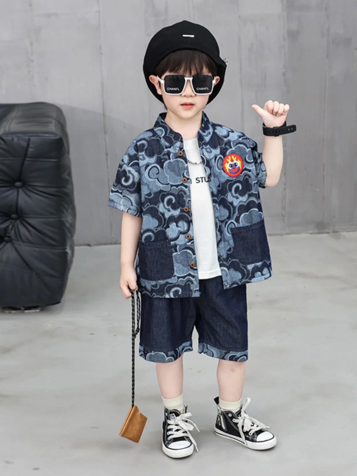 

Комплект из джинсовой рубашки и шорт для мальчиков, летняя одежда в китайском стиле, модный повседневный спортивный костюм для подростков