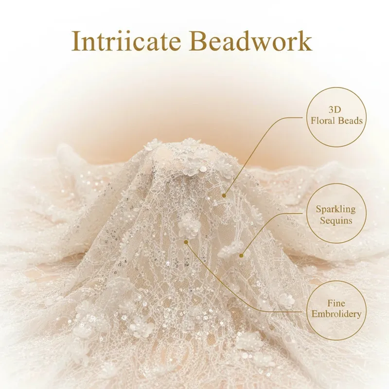 

3Yards. White Beads Flash Sequins Lace Fabric.Luxury Evening Dress French Lace .Advanced Customization Bridal Wedding Fabric