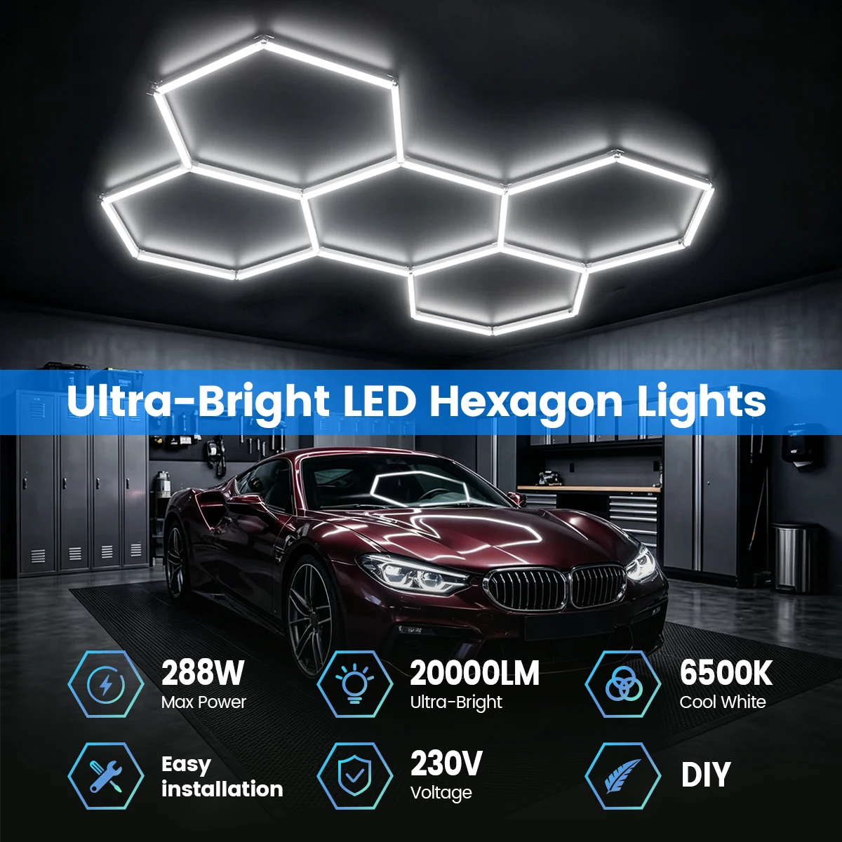 Honeycomb hexagonal light 6500K cool white LED tube easy installation 110V-240V suitable for garages, 4S workshops, hair salons