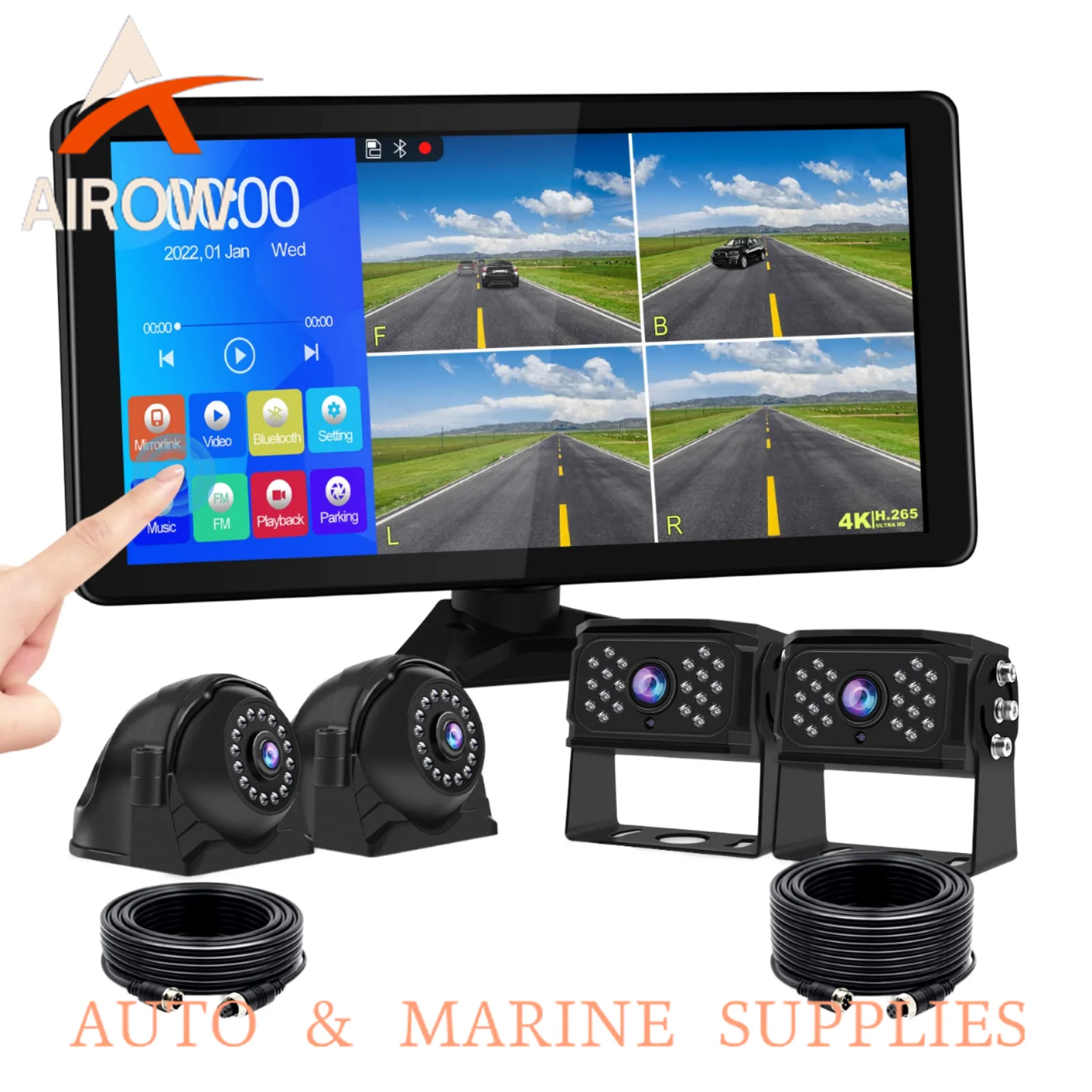 Airow auto Screen AHD Dash Cam Monitor Waterproof 1080P Front Rear Truck Trailer Bus RV Backup Wireless Carplay Android