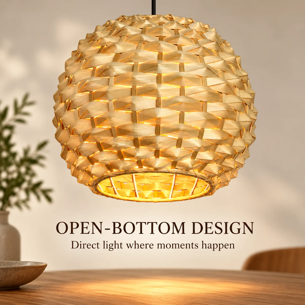 JOYINLED Boho Bamboo Pendant Light Handmade Woven Globe Hanging Lamp with Adjustable Cord for Kitchen Island Dining Room Bedroom