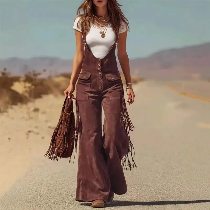 2026 New Western Cowgirl Bib Pants Soft Suedes Fringe Accent Women Adjustable Jumpsuits