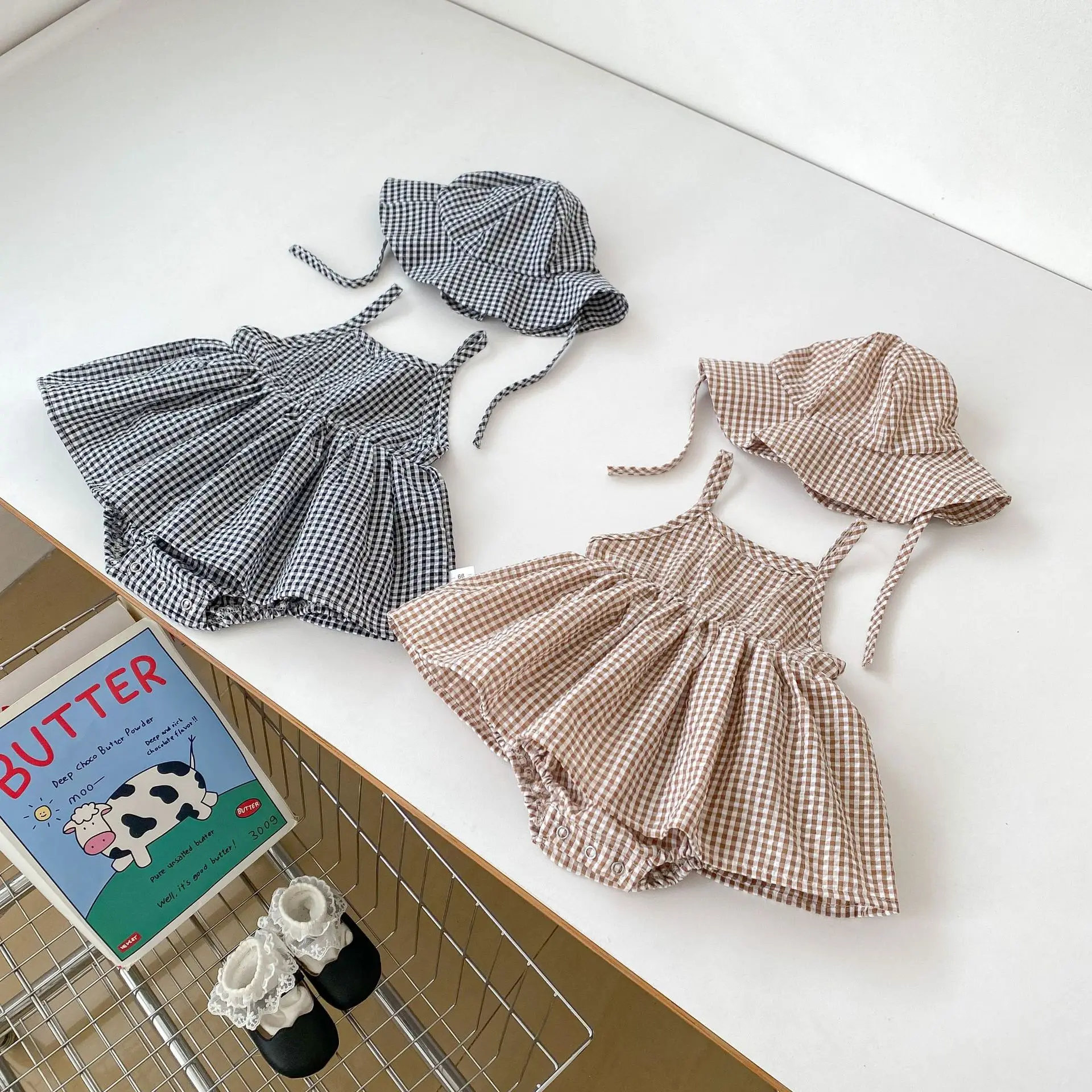 Baby Clothes Cute Thin Comfortable Simple Rompers 2024 New Summer Korean Style Baby Girls Fashion Casual Plaid Slip Dress