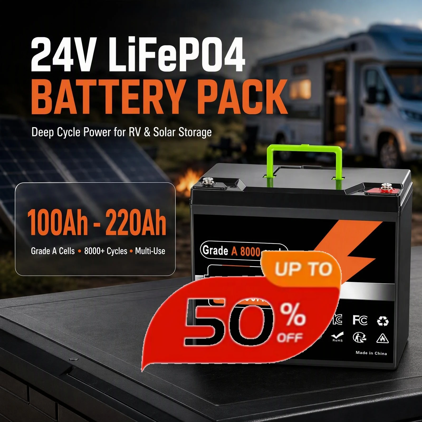 24V 100Ah-220Ah LiFePO4 Battery Pack 8S1P 8S2P 32700 Deep Cycle for Solar Storage RV Lighting Portable Power Supply