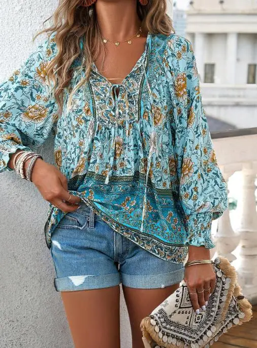 

Fashionable and Sexy Casual Vacation Bohemian Style Printed Deep V-Neck Lace Up Lantern Sleeves Loose Women's Chiffon Shirt