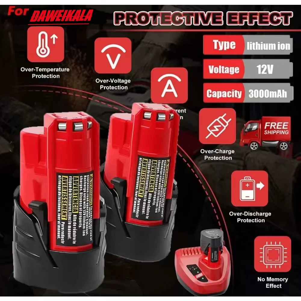 for 12V Milwaukee Battery 3Ah Compatible with Milwaukee M12 XC 48-11-2410 48-11-2420 48-11-2411 12-Volt Cordless Tools Battery