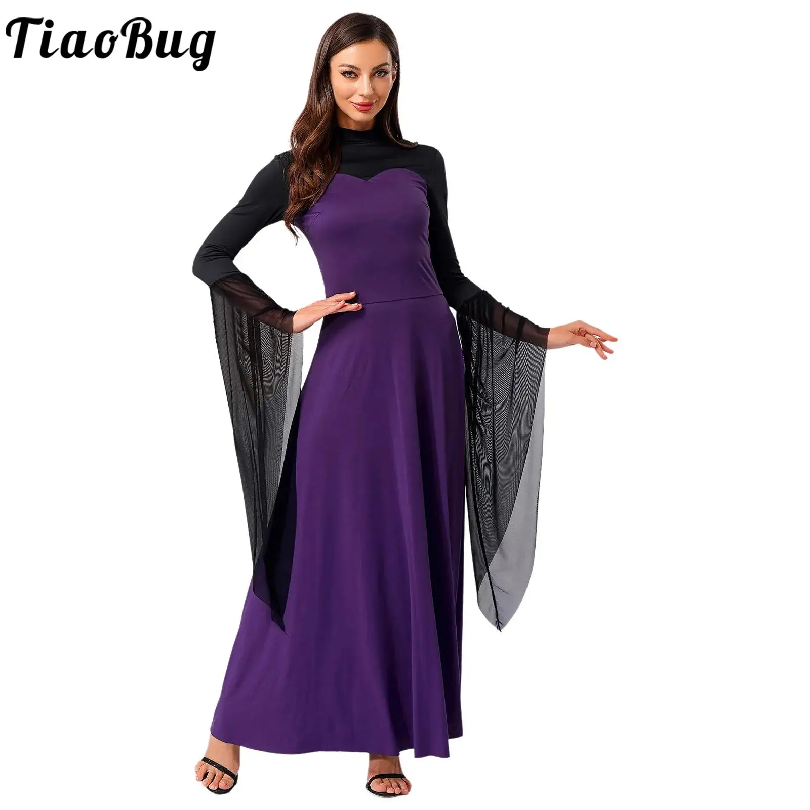

Women Witch Vampire Cosplay Costume Witch Halloween Fancy Dress Up Theme Party Gown Long Sleeve Flared Mesh Cuffs Maxi Dress