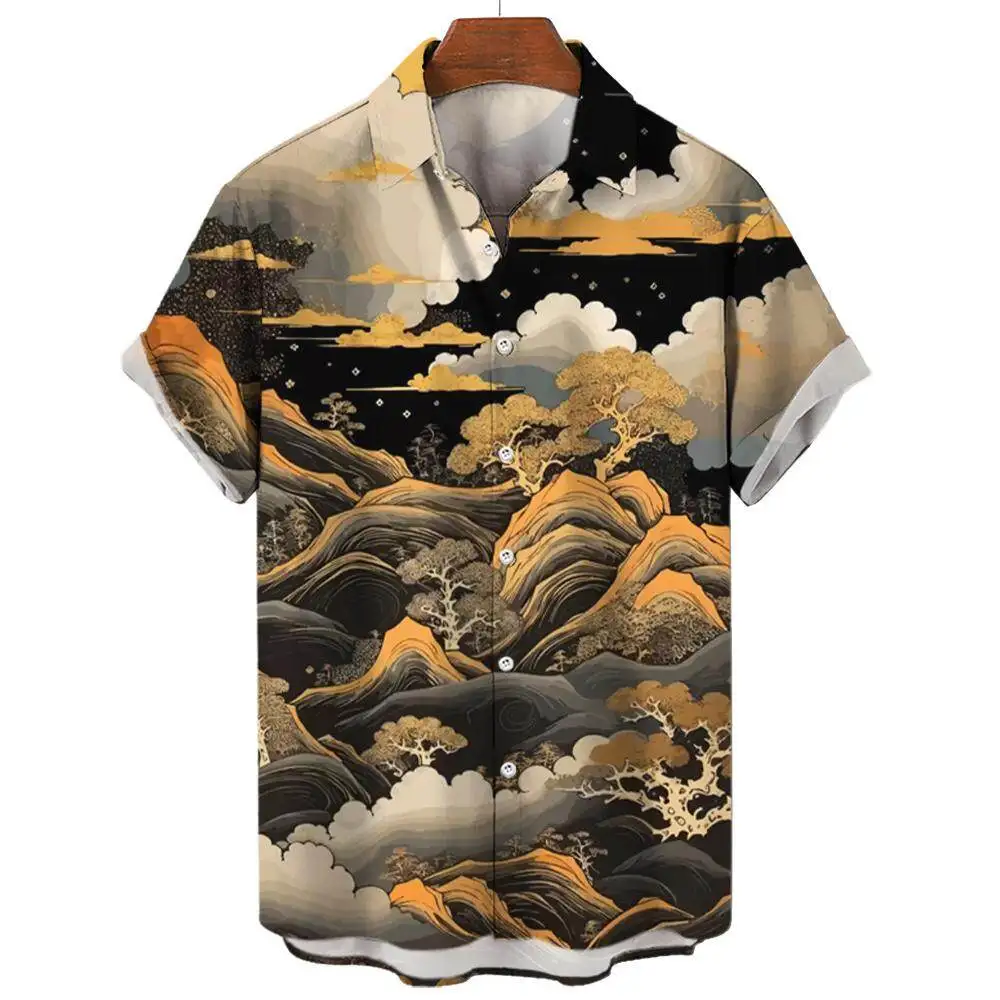 Summer Fashion Sutra of Mountains and Seas Ukiyoe Wave Print Men\'s Short Sleeve Shirts Casual Daily Street Trend Tops Oversized