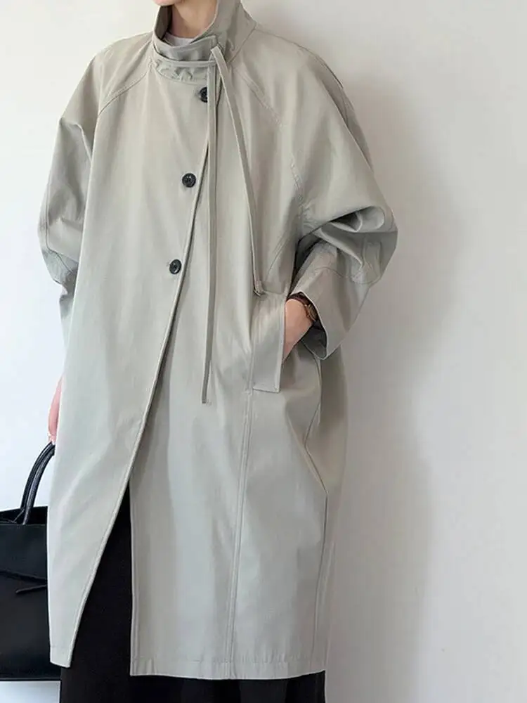 TLXT élégant femmes à lacets conception Trench col montant simple boutonnage bureau dame tempérament Long coupe-vent 2025 hiver nouveau