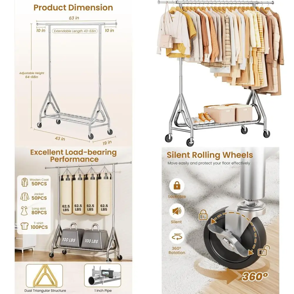 

Sturdy Metal Rolling Clothes Rack, Holds 450lbs, Lockable Wheels, Ideal for Bedroom Wardrobe Closet
