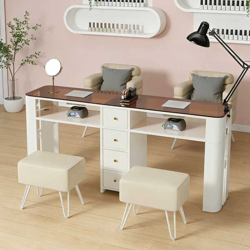 Modern Manicure Table Tempered Glass Top Nail Salon Workstation with Drawer Storage Commercial Nail Art Desk for Beauty Shop