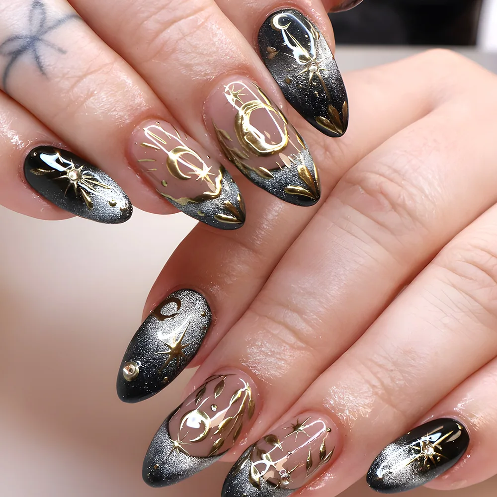 

24Pcs Mid-length Almond False Nails Black Cat's Eye French Press on Fake Nails Moon Starburst Rhinestone Wearable Manicure Tips