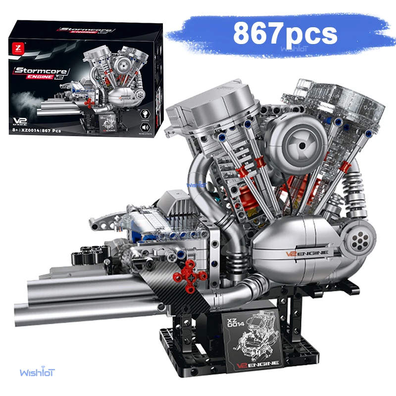 XZ0014 Classic Motorcycle V2 Engine 867pcs Small Granule Building Block Assembly Model DIY Educational Toy for Christmas Gifts