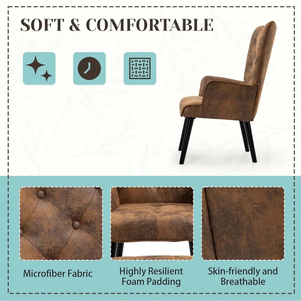 WingBack Chair, Rustic Accent Chair with Arms Upholstered, Button Backrest for Living Room (Brown)