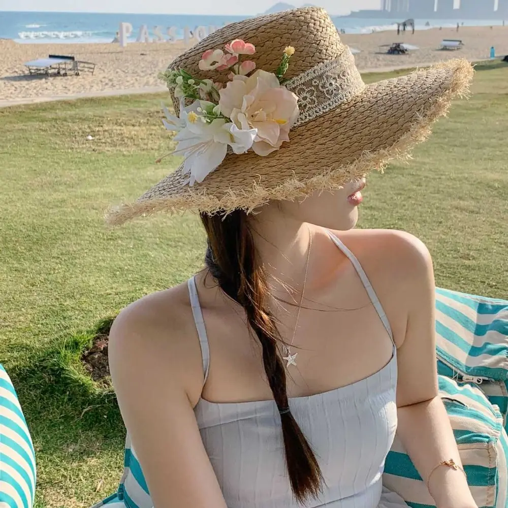 Casual Tassel Edge Lace Flower Straw Hat Boho Wide Brim Women's Sun Hats Hollow Out French Style UV Protection Cap Outdoor