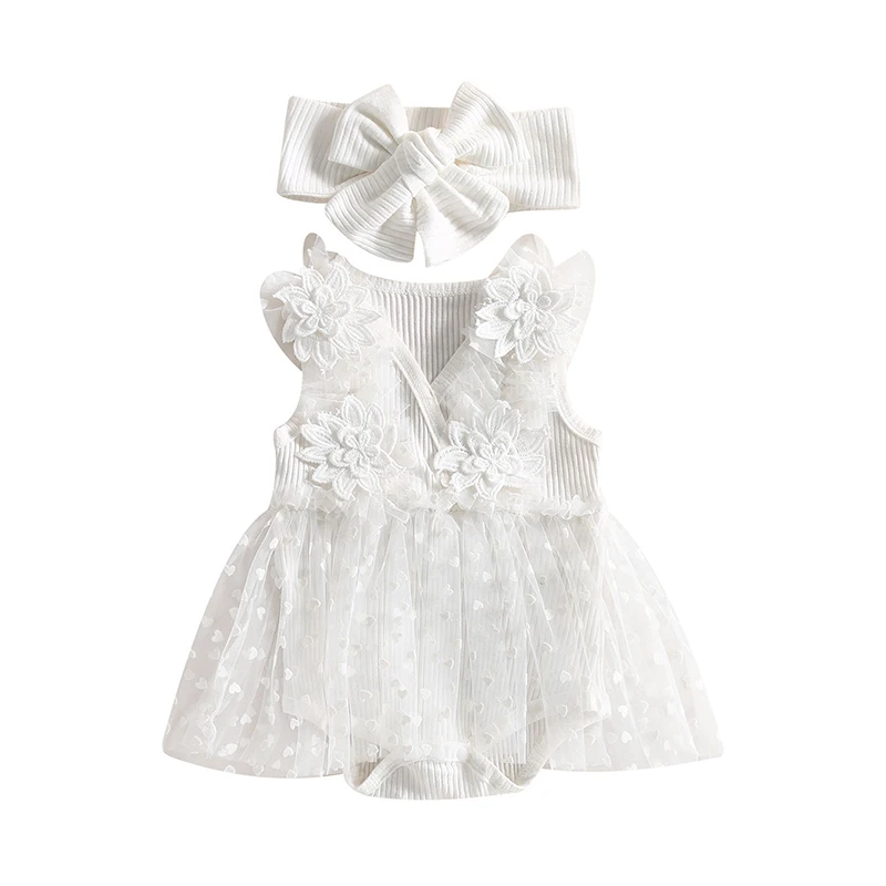 New Summer Newborn Infant Baby Girls Sweet Romper White Sleeveless 3D Flower Mesh Patchwork Jumpsuit with Headband 0-24M