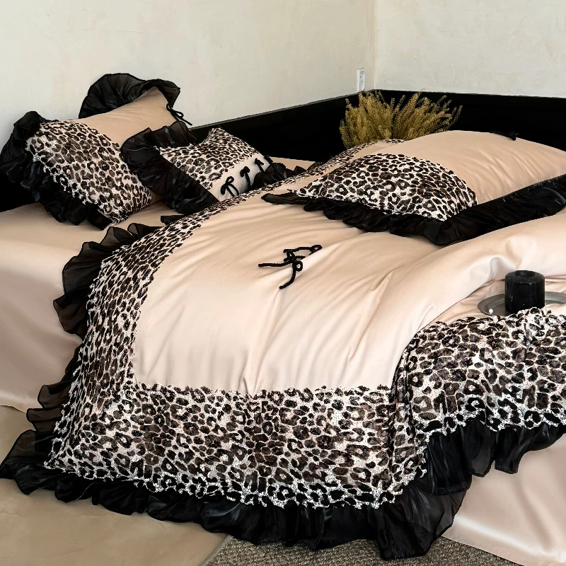 Bedroom Retro Style Leopard Print Long Staple Cotton Four Piece Set Pure Cotton Lace Duvet Cover Bed Sheet High-end Bedding