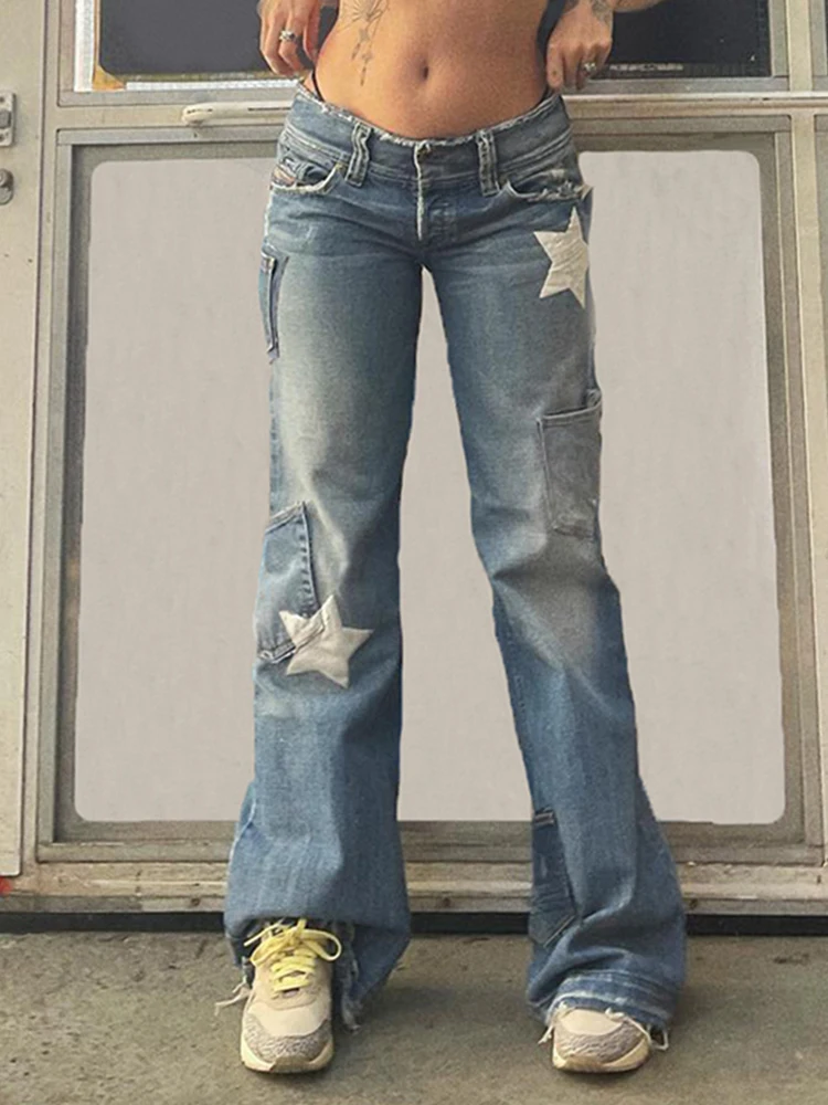 Rapcopter-pantalones vaqueros con bolsillos y estrellas para mujer