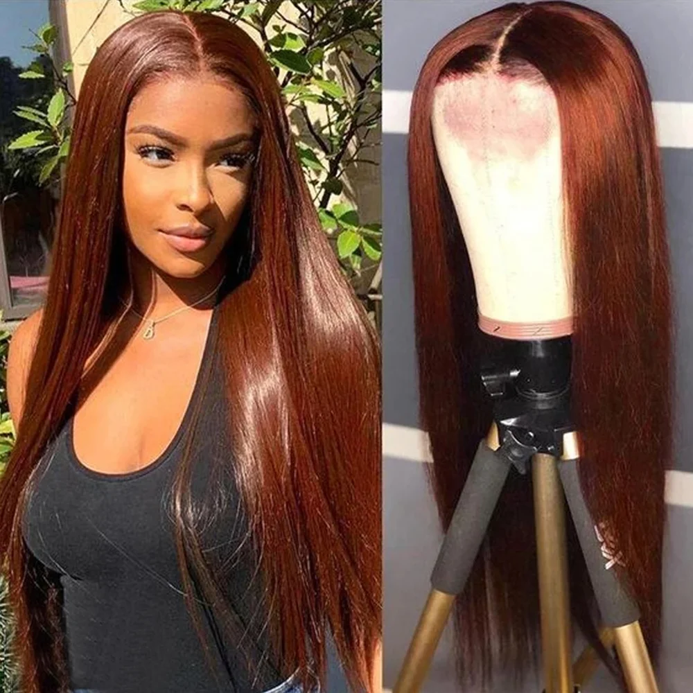 Peruca dianteira do laço marrom avermelhado, Perucas de cabelo humano de cor reta, 180% densidade total, Cobre Red Lace Frontal Peruca, 13x4