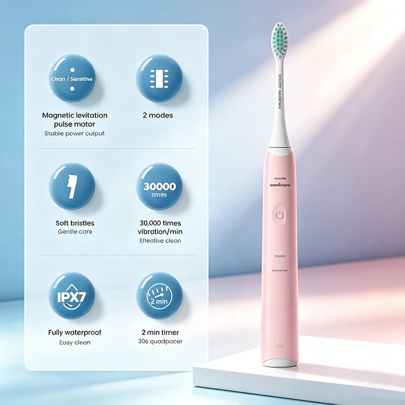 Philips HX2421 Electric Toothbrush 2-mode 2-minute Timer Waterproof and Rechargeable Oral Cleaning Gift for Valentine's Day