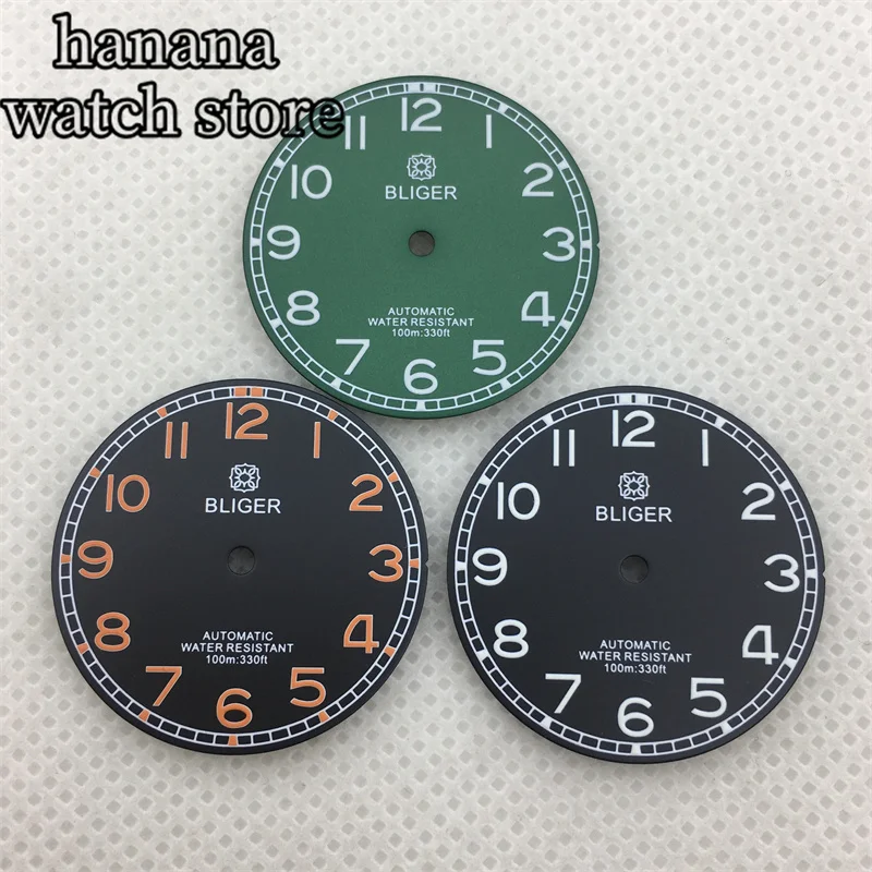 BLIGER 29mm Black green blue luminous dial with NH34 NH35 NH36 ETA 2836 2824 Miyota 8205/8215/821A Pearl DG2813/3804 movement