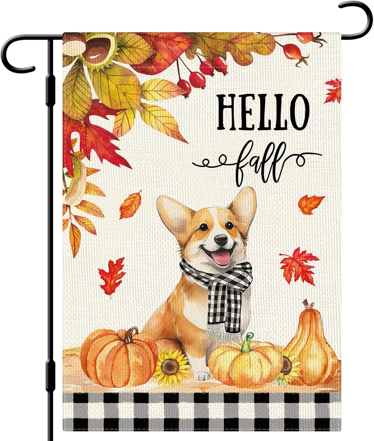 DLZDN Hello Fall Dog Garden Flag Autumn Corgi Pumpkins Maple Leaves Flag 12×18 Inch Double Sided Buffalo Plaid Farmhouse Yard Fl