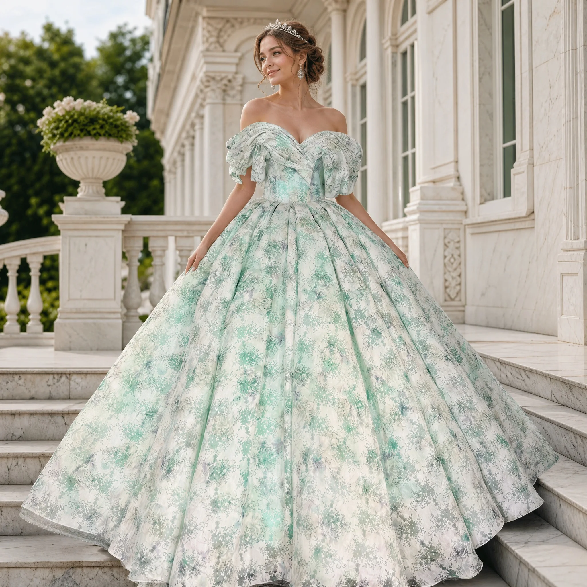 Quinceañera Dress Mint Green Floral Jacquard Brocade Off Shoulder Princess Ball Gown Vestido de Quinceañera