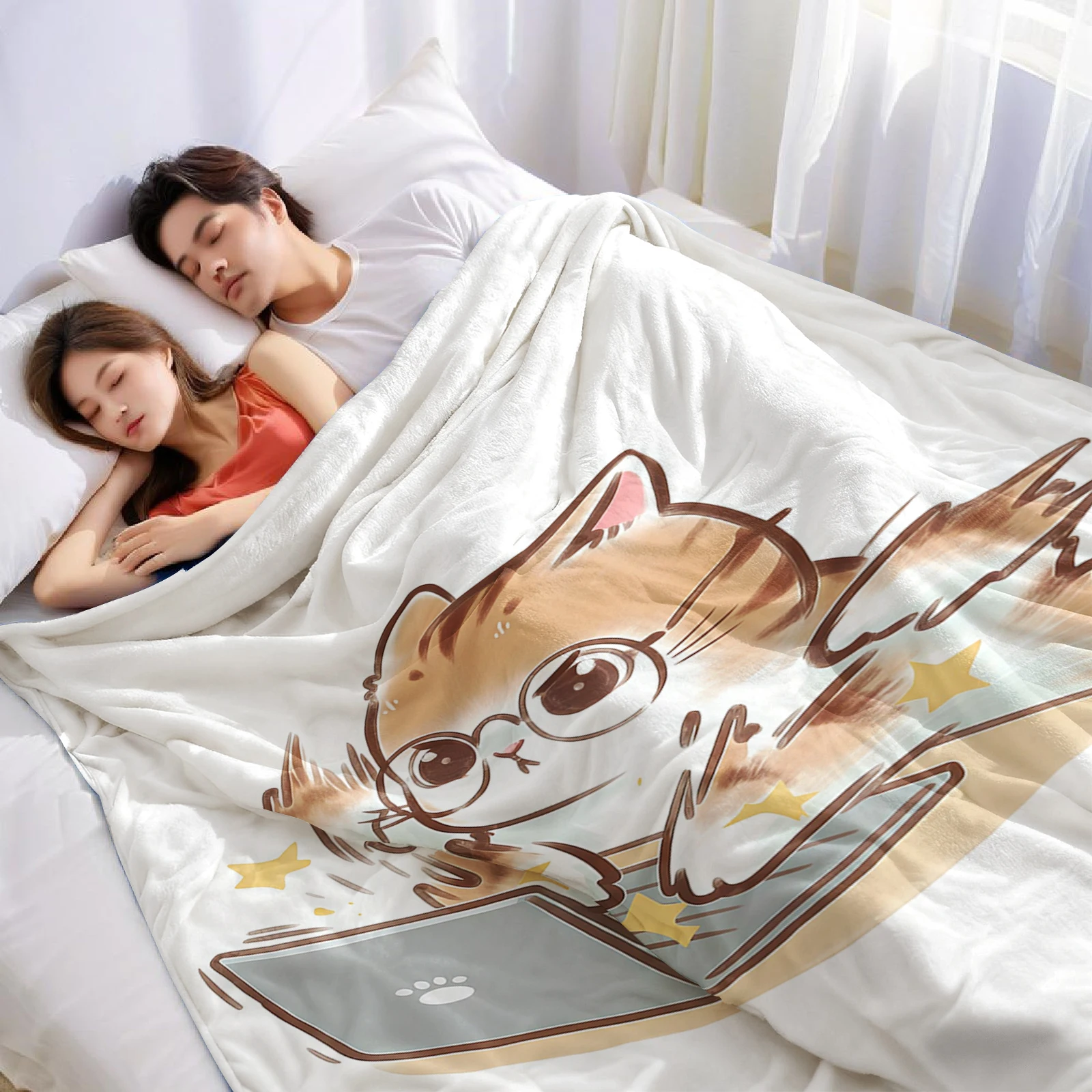 Work Cat Cartoon Anime Print Flannel Blanket Soft Warm Throw for Kids Bedroom Sofa Bed Christmas Office Car