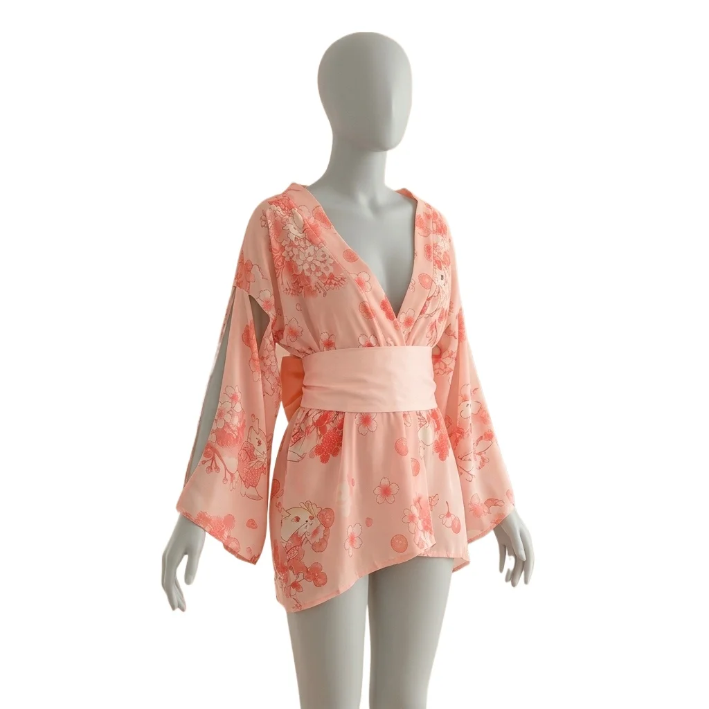 Women's Pink Floral Kimono Robe Japanese Style Yukata Top with Obi Belt V-Neck Wide Sleeve Sleepwear for Lingerie Loungewear
