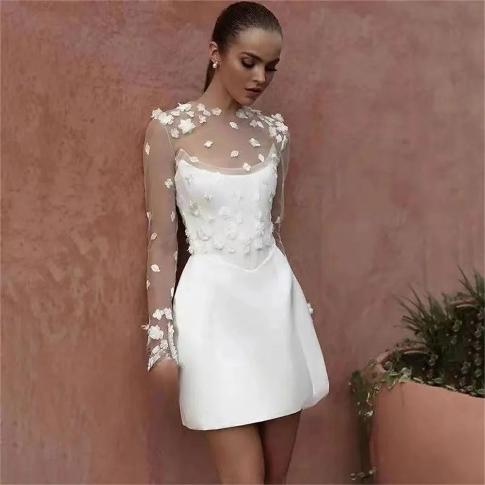 

Fnoexw Sexy Solid Satin Short Wedding Dresses Bodycon Bridal Gowns 3D Appliques Princess Lace Beach Simple Mini Bride Dresses