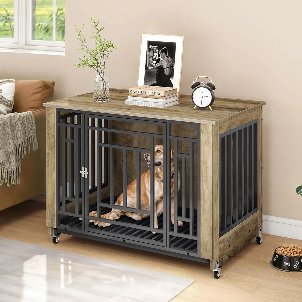 

38 inch Dog Crate Furniture Dog Cage with Removable Tray & Wheels for L & M Dogs