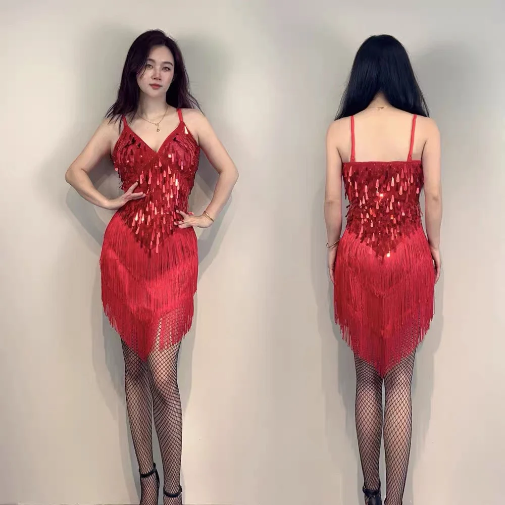 Платье для латинских танцев, новое модное платье без рукавов с пайетками, костюм для выступлений, сексуальный женский танцевальный костюм с кисточками