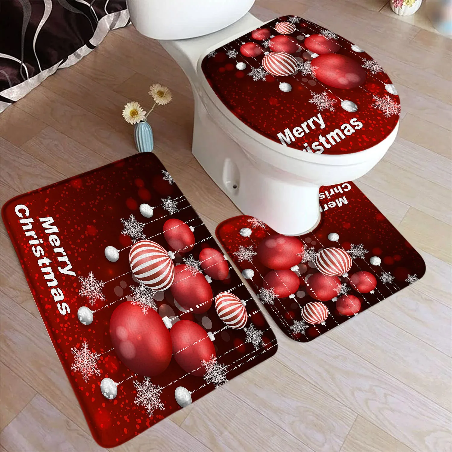 Christmas Bath Mat Set Red Xmas Balls Snowflakes Snowman Santa Claus New Year Non-slip Toilet Lid Rug Bathroom Accessory Sets