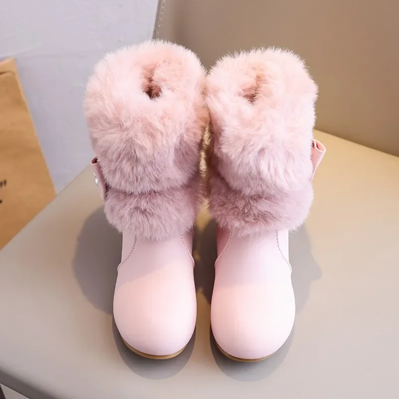 Mumoresip Winter Children's Fluffy Ankle Boots Warm Girls Princess Bowknot Boots with High Heels Wedding Party Kids Plush Boots