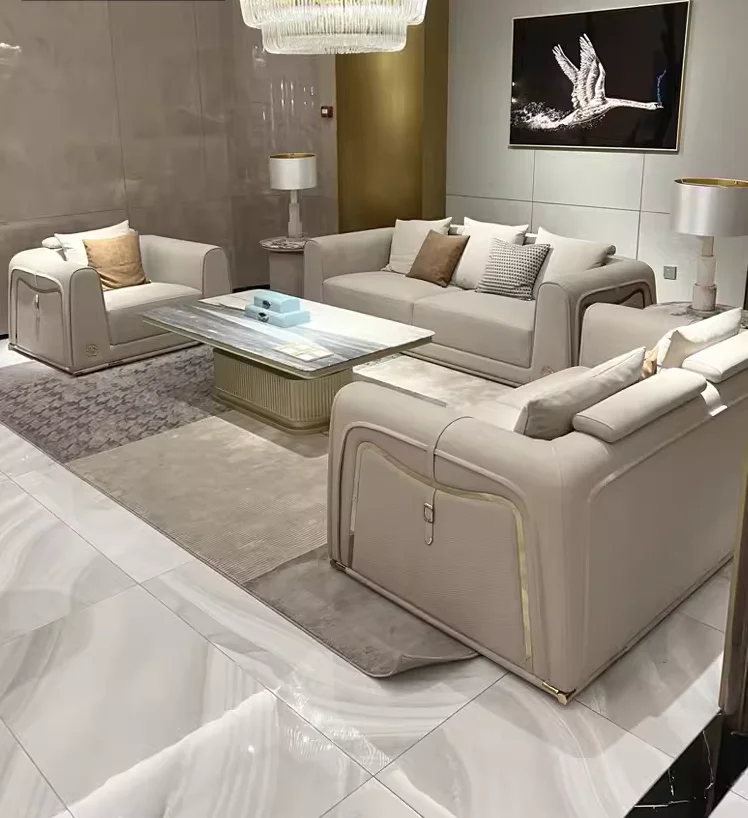 

Роскошные диваны из натуральной кожи в итальянском стиле, вилла, современная гостиная, диван из нержавеющей стали