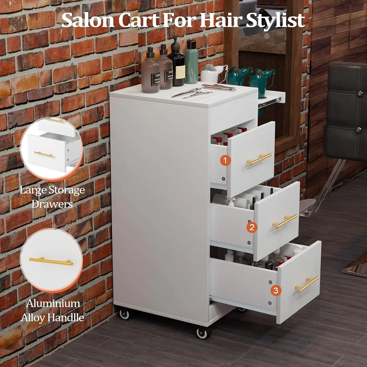 Mobile Hairdressing Barber Station Salon Trolley Cart Wheels Wooden Hair Storage Cabinet Beauty Spa Barbershop 3 Large Drawers 3